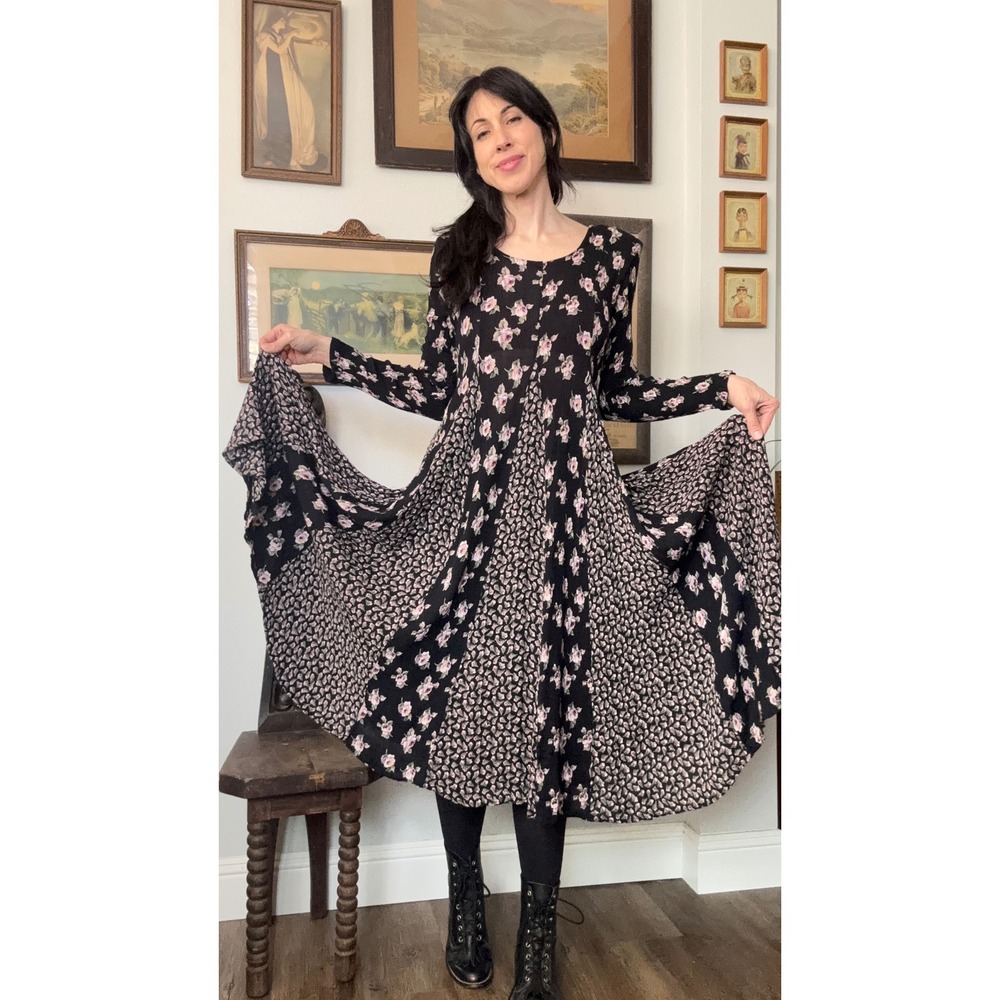 Starina 90s Vintage Black Floral Mixed Print Rayon Maxi Dress grunge boho